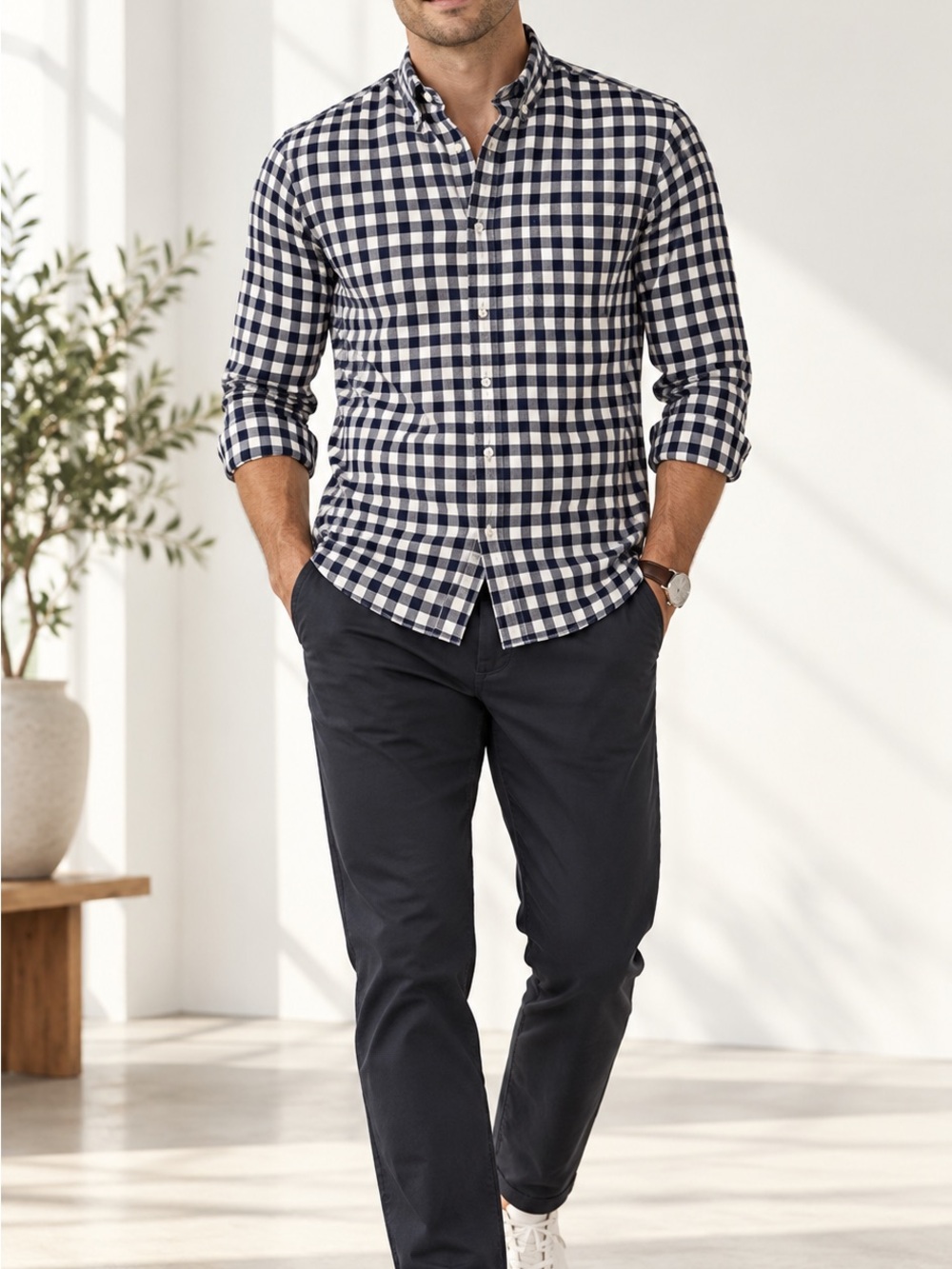 J.Crew Slim Stretch Secret Wash Navy & White Gingham Shirt Men’s M